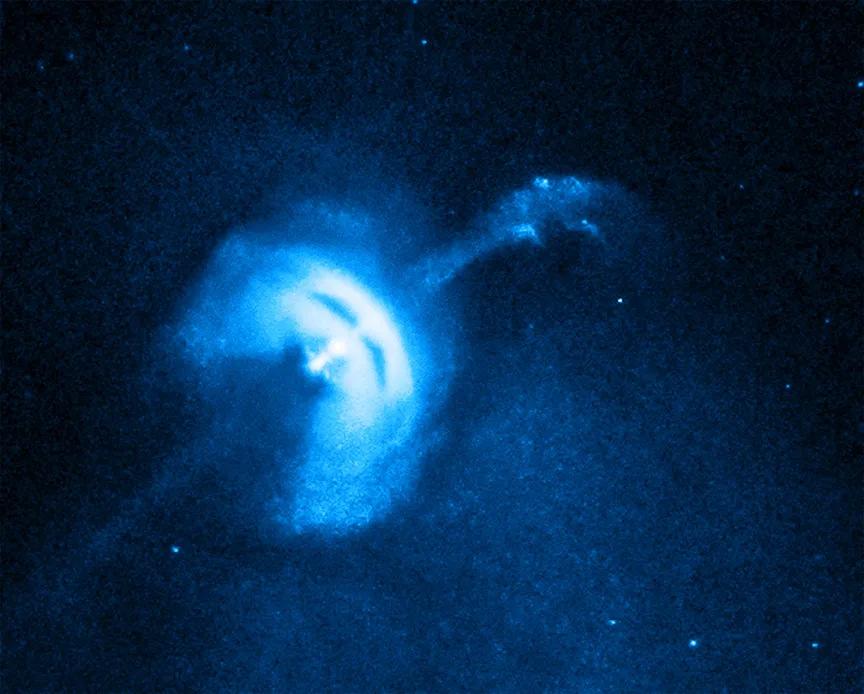 The Vela pulsar, as seen by the Chandra X-ray Observatory. Pulsars are neutron stars that spin andemit a regular pulse of charged particles in the direction of Earth as they do so. Credit: NASA/CXC/Univ of Toronto/M.Durant et al