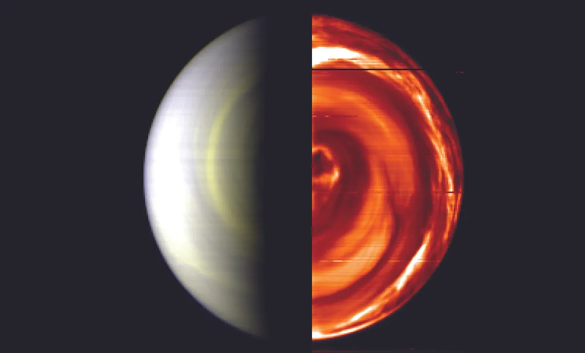 This Venus Express image shows, left, a daytime view of cloud top features near 70–80km in altitude, observed in the UV and visible spectrum. Next to it is an infrared view of the night side, showing thermal energy from Venus’s atmosphere and cloud patterns. Credit: ESA
