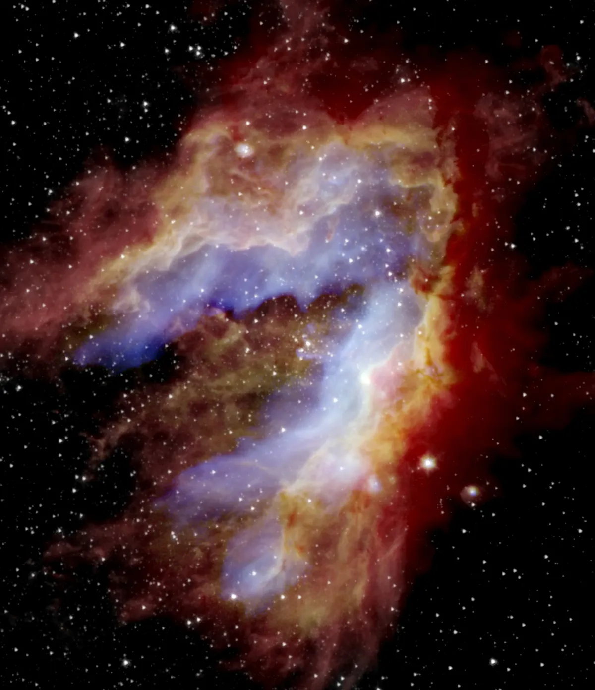 The Swan Nebula, as seen by NASA's SOFIA telescope. Credits: NASA/SOFIA/De Buizer/Radomski/Lim; NASA/JPL-Caltech; ESA/Herschel