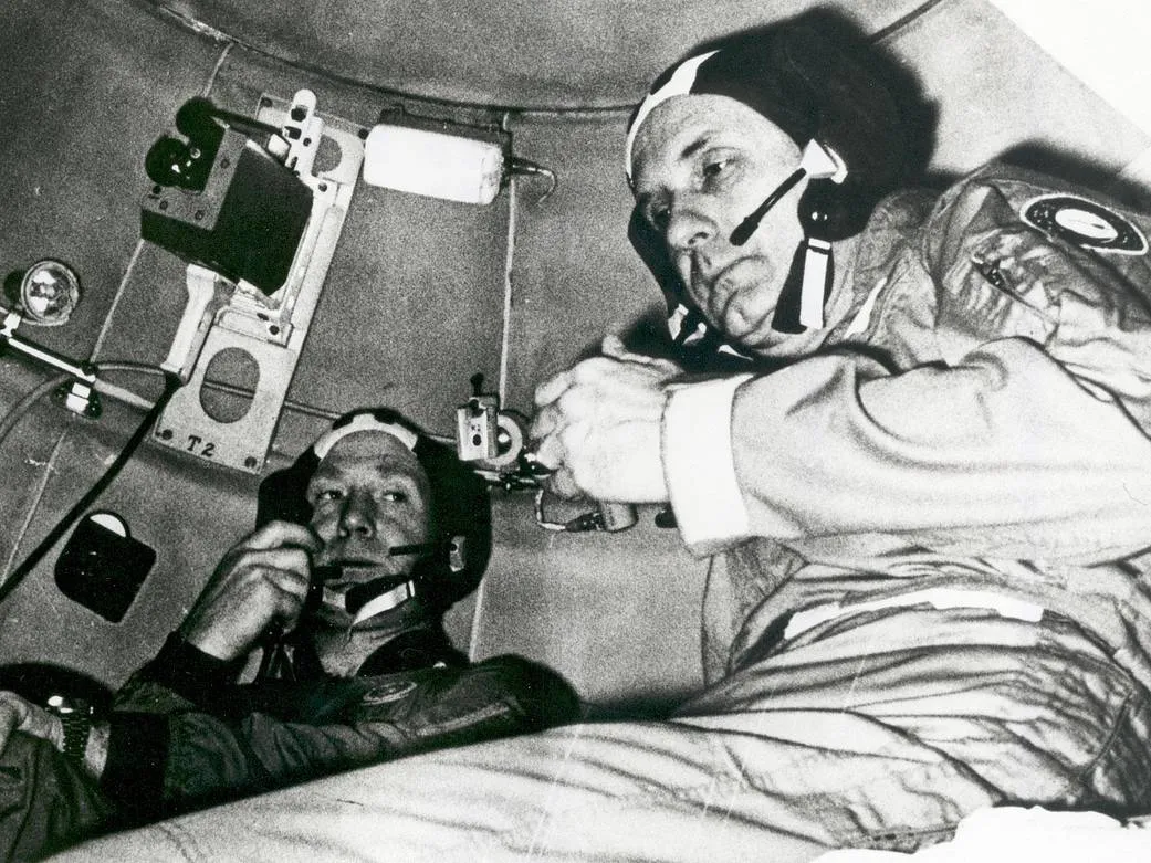 Cosmonaut Aleksey A. Leonov (left) and astronaut Thomas P. Stafford during crew training at Star City, near Moscow, for the Apollo-Soyuz mission. Credit: NASA