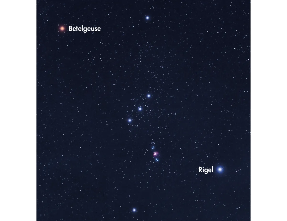 Diagram showing the positions of Betelgeuse and Rigel in Orion.