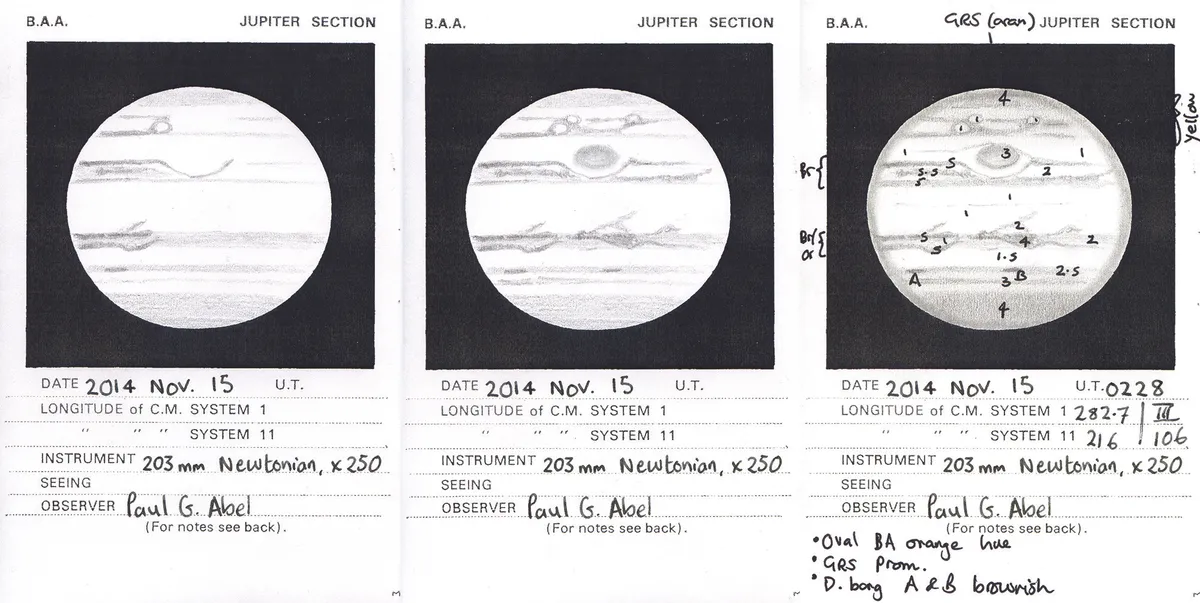 When drawing Jupiter, start by adding details on the preceding limb, which will vanish first; finish by noting down the brightness of each feature. Credit: Paul Abel