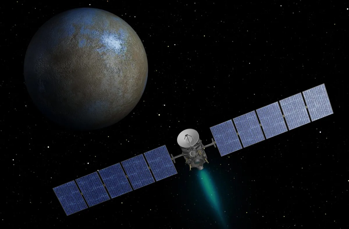Artist's impression of the Dawn spacecraft arriving at Ceres: NASA/JPL-Caltech