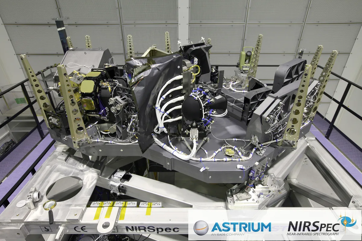 The NIRSpec instrument without its Optical Assembly Cover, pictured in ESA's clean room. Credit: Astrium GmbH.