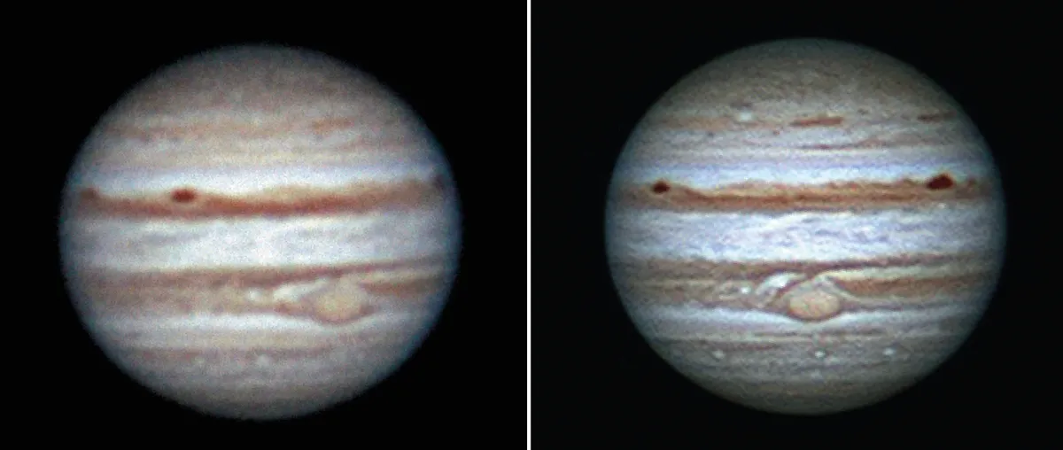 Jupiter, imaged during bad seeing on the left and good seeing on the right. Credit: Steve Marsh