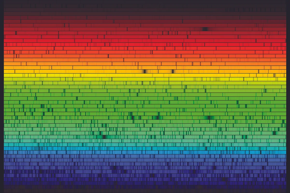 Lines in the Sun’s spectrum show which wavelengths of light have been absorbed by its atmosphere. Credit: N.A.Sharp/NOAO/NSO/Kitt Peak FTS/AURA/NSF, Eads Astrium.