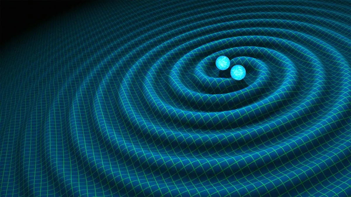 An artist's illustration of gravitational waves being produced by the collision of two neutron stars. Credit: R. Hurt/Caltech-JPL