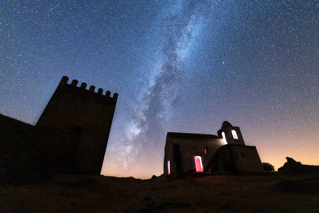 Stars Altair and Vega and the Milky Way, captured by Sérgio Conceição, Castle of Noudar, Barrancos, Portugal, 3 August 2019. Equipment: Canon EOS R mirrorless camera