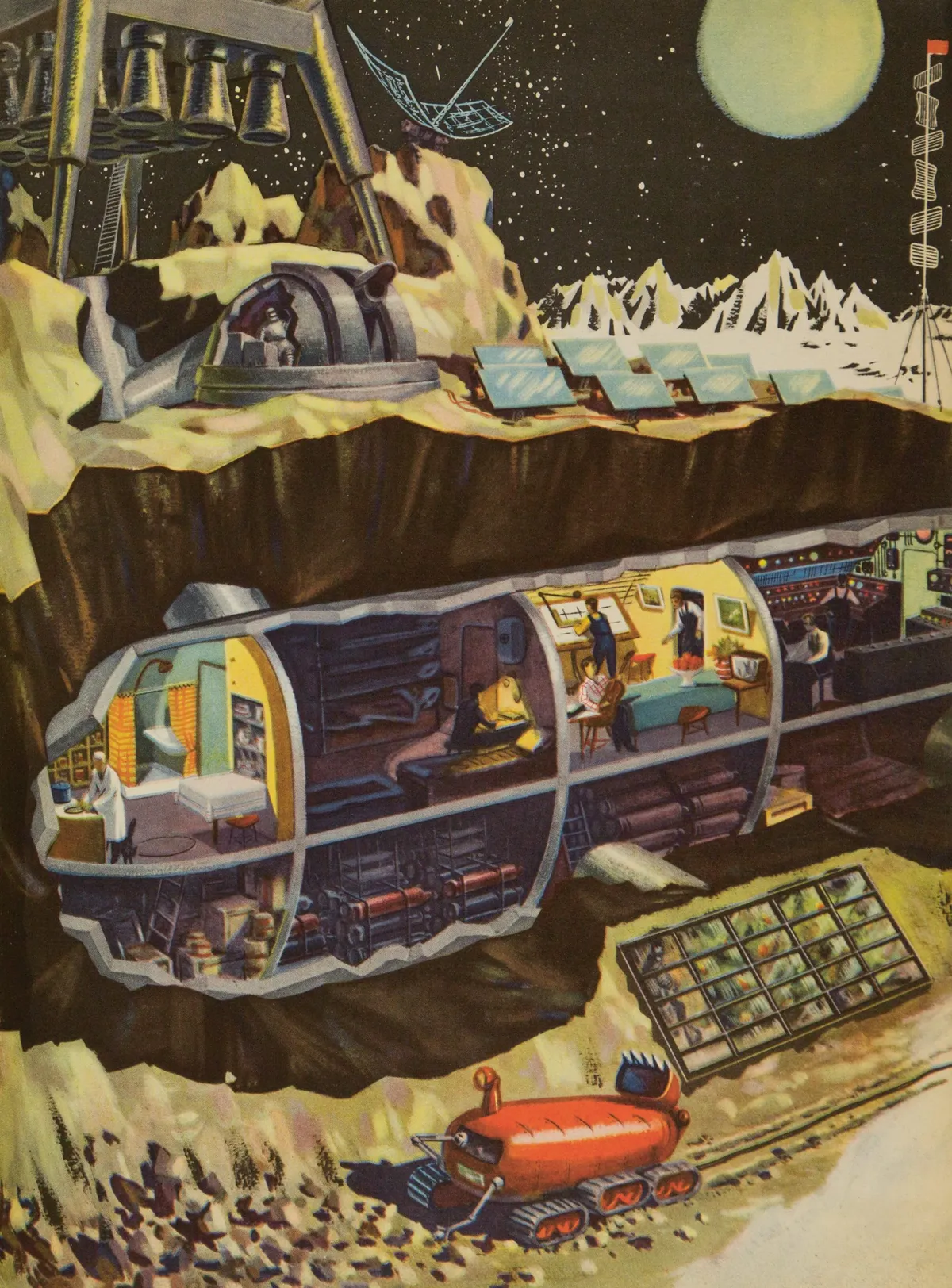 Technology for the Youth, issue 2, 1959, illustration by B. Dashkov for the article ‘What Would a Space Station on the Moon Look Like?’ Picture credit: The Moscow Design Museum