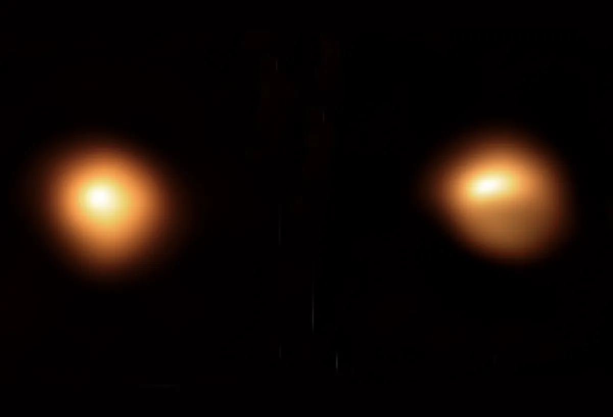 ESO’s Very Large Telescope images of Betelgeuse. Left: January 2019, before dimming. Right: December 2019, during dimming. Credit: ESO/M. Montargès et al.