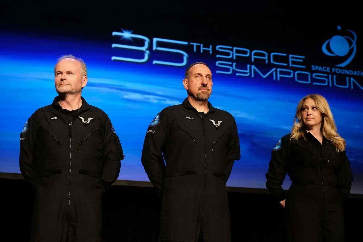 Virgin Galactic's crew for the second spaceflight. Left to right: Chief Pilot Dave Mackay, Pilot Mike Masucci and Chief Astronaut Instructor Beth Moses. Credit: Virgin Galactic