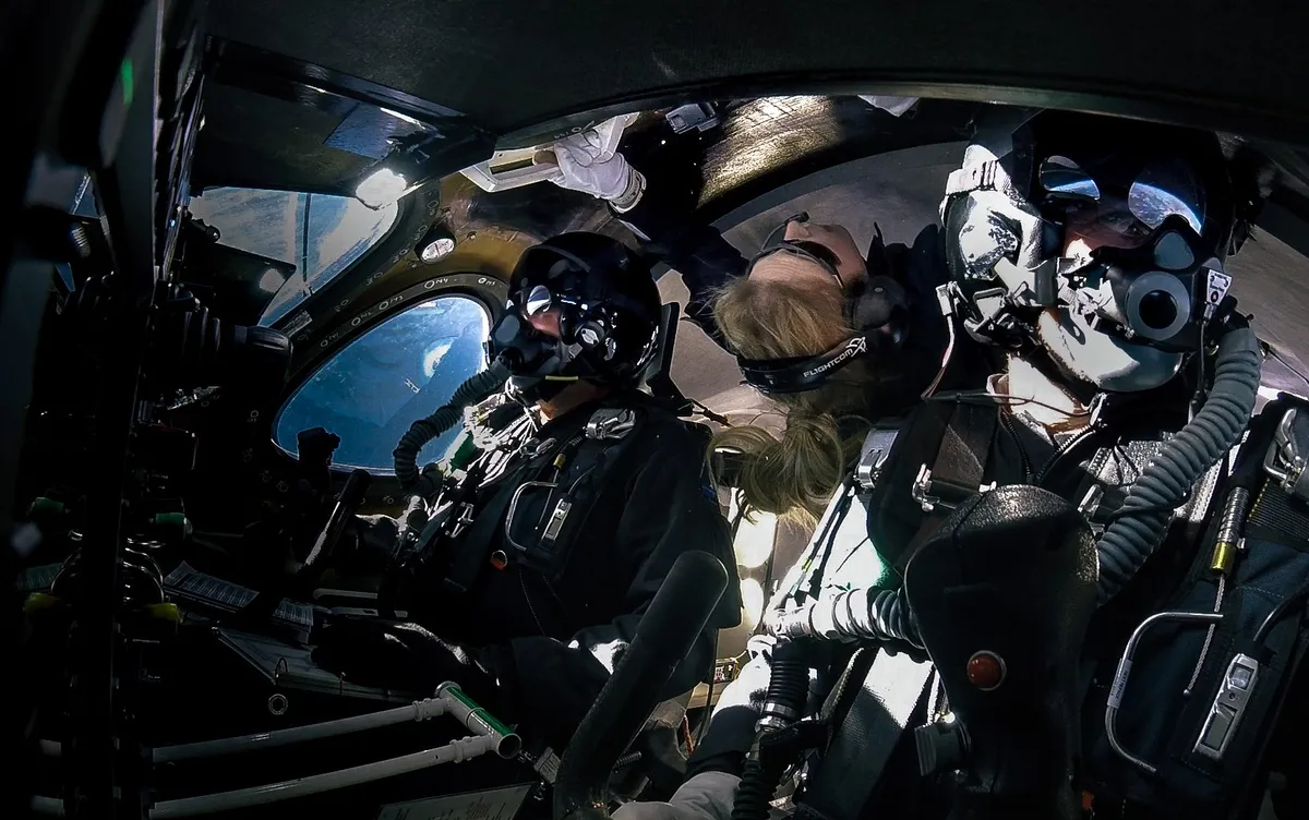 Virgin Galactic's second spaceflight with Chief Pilot, Dave Mackay, Pilot, Mike 'Sooch' Masucci and Chief Astronaut Instructor Beth Moses on board. Credit: Virgin Galactic