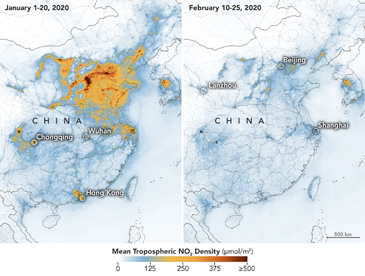 Maps showing air pollution over China, using data collected by NASA and ESA satellites. According to NASA, "There is evidence that the change is at least partly related to the economic slowdown following the outbreak of coronavirus." Credit: NASA/ESA/Joshua Stevens