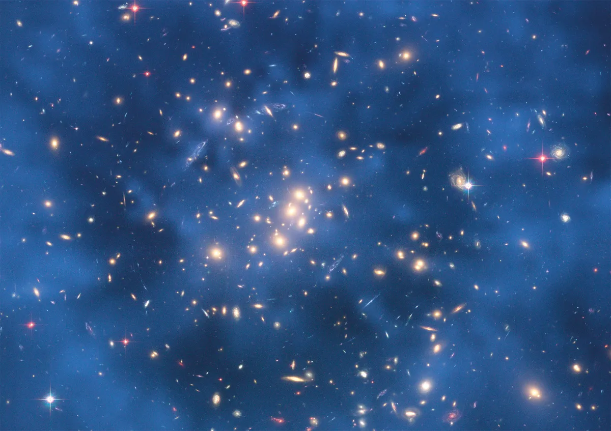 The ring superimposed on this Hubble image is a representation of the dark matter thought to be causing the distortions in the galaxy cluster. Credit: NASA, ESA, and M.J. Jee (Johns Hopkins University).