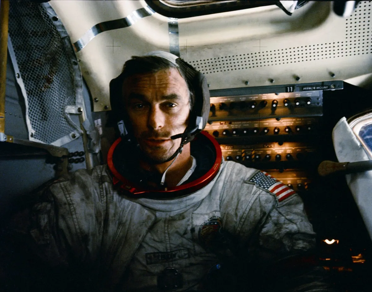 A tired-looking Gene Cernan, covered in moondust, rests after his second moonwalk during Apollo 17, the most recent crewed mission to the Moon. Credit: NASA