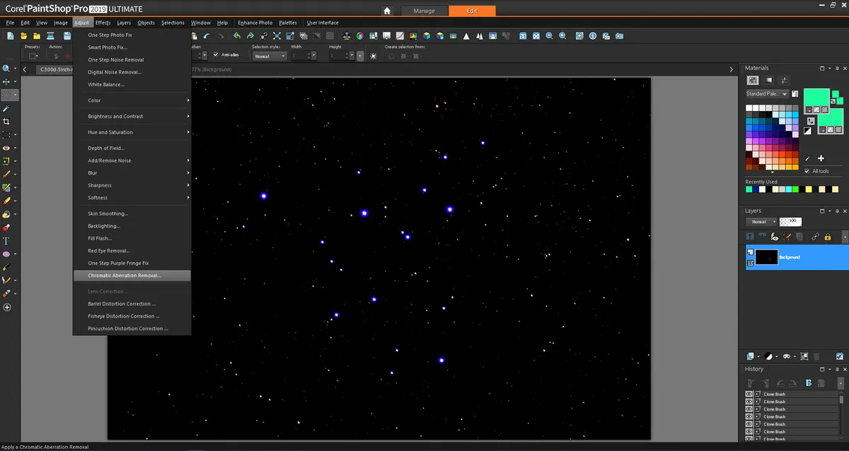 Stage 1: Image of star cluster M39 loaded into PaintShop Pro 2019 with the Chromatic Aberration Removal sub menu selected. Credit: Paul Money