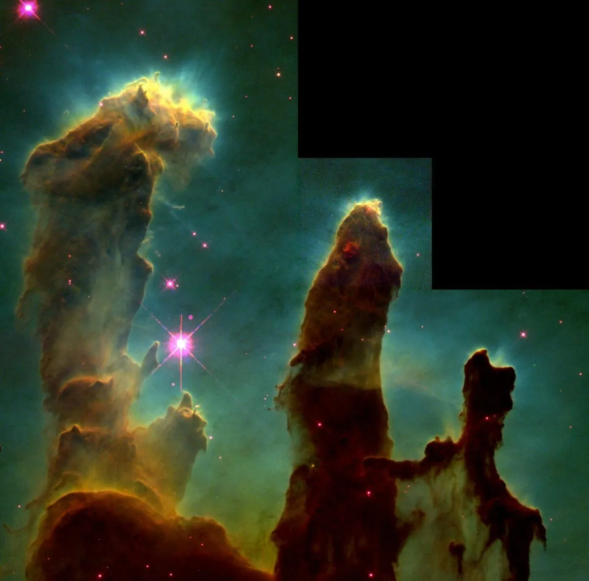 Hubble's famous 1995 image the 'Pillars of Creation'. Create your own astrophotography images in Hubble Palette by following the steps below. Credit: NASA, ESA, STScI, J. Hester and P. Scowen (Arizona State University)