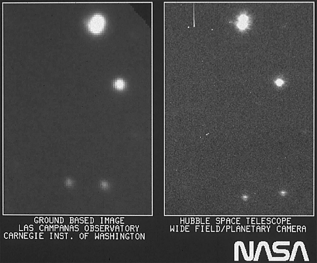 Despite the fault in Hubble's mirror, the space telescope's first light image shows just how much clearer its view of the Universe was when compared with ground-based telescopes. Credits: Left: E. Persson (Las Campanas Observatory, Chile)/Observatories of the Carnegie Institution of Washington; Right: NASA, ESA and STScI