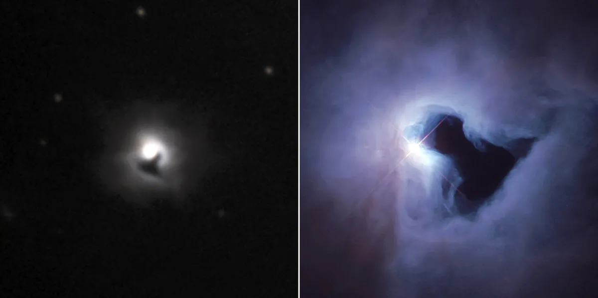 My image of NGC 1999 (left), which I resolved to capture after seeing Hubble's own incredible image of the target (right). Credit: Paul Money; Space Telescope Science Institute / NASA and the Hubble Heritage Team