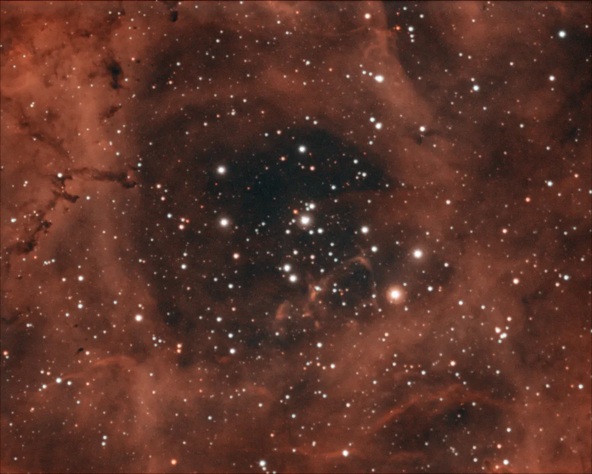 NGC 2244. Equipment: Atik 460ex OSC camera, Sky-Watcher Esprit 150ED. Exposure: 12x600", 2h total integration, RGB extracted and recombined as Ha (Hb Oiii) (Hb Oiii). Credit: Tim Jardine