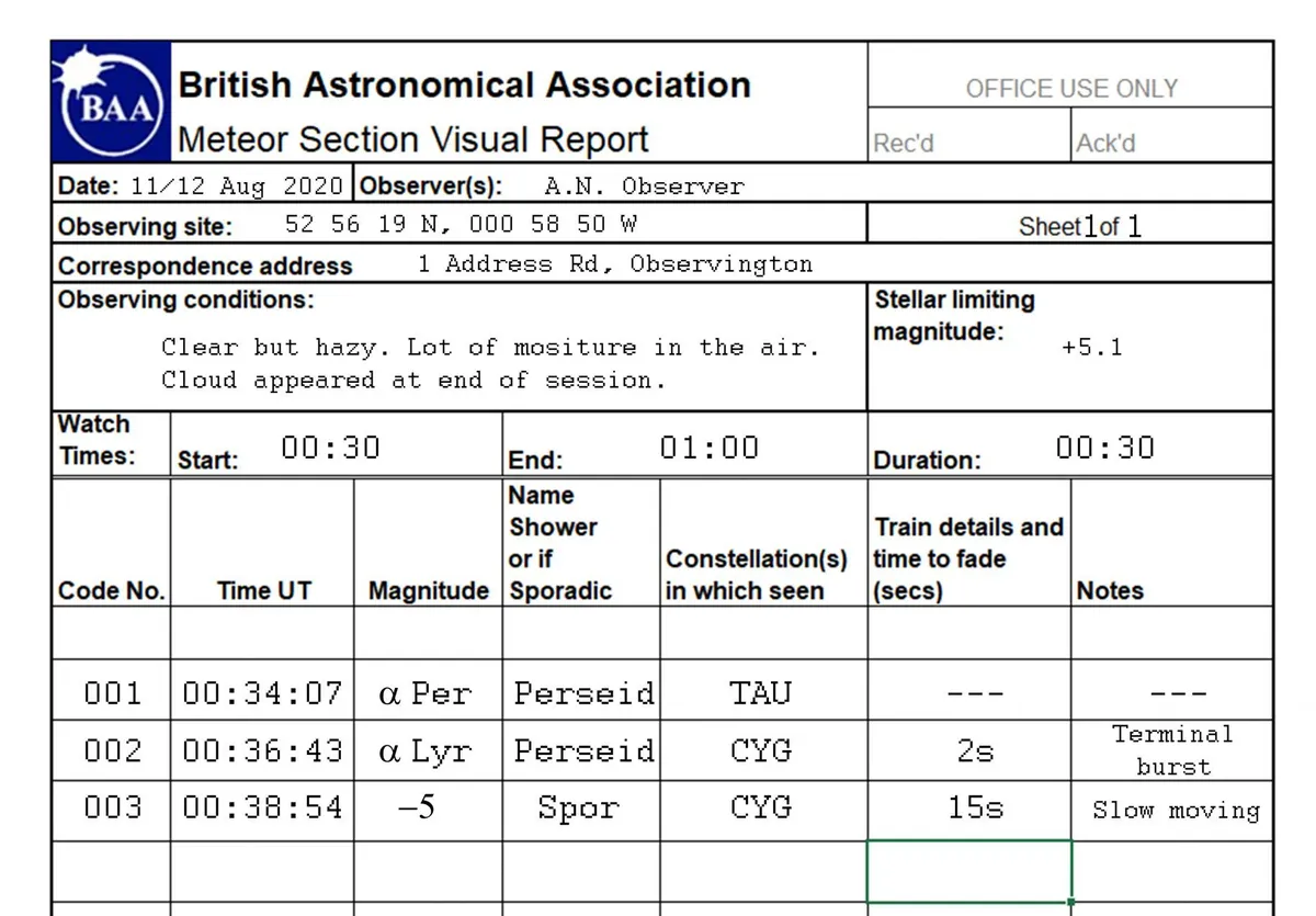 BAA meteor observing form