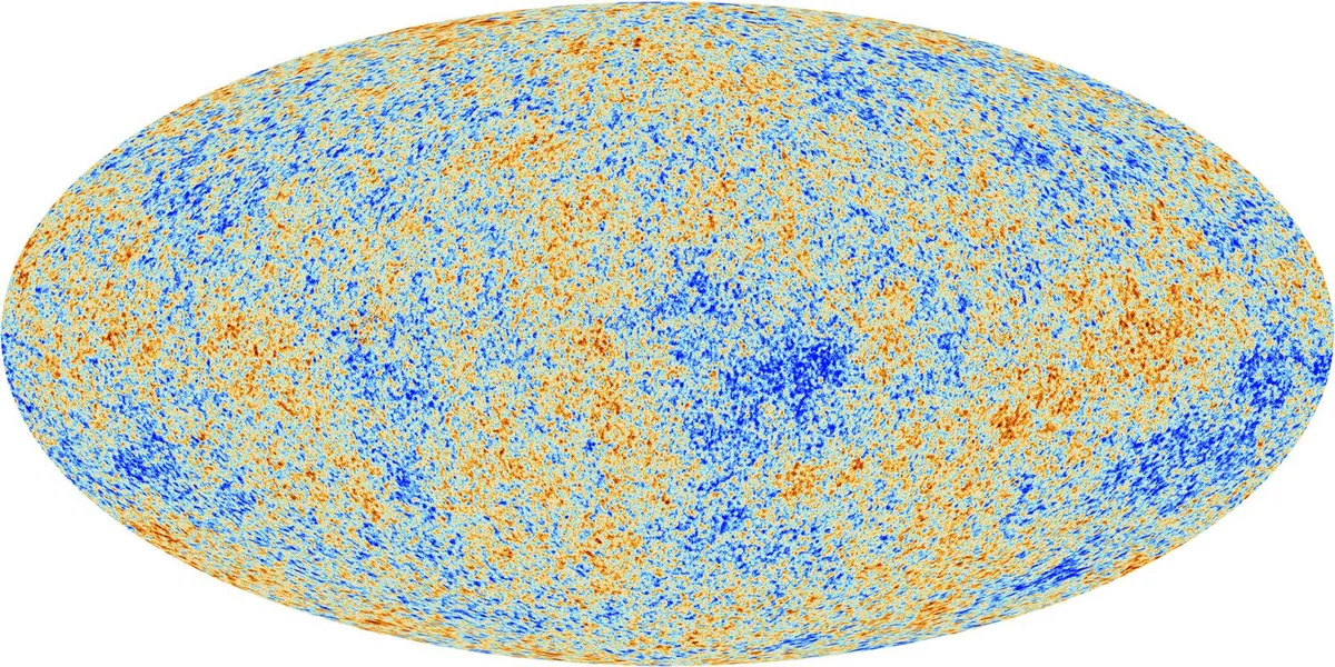 The Cosmic Microwave Background - heat left over from the Big Bang - when the Universe was just 380,000 years old, as seen by the Planck Telescope. It shows tiny temperature fluctuations that correspond to regions of different densities: the seeds that would grow into the stars and galaxies of today. Credit: ESA and the Planck Collaboration