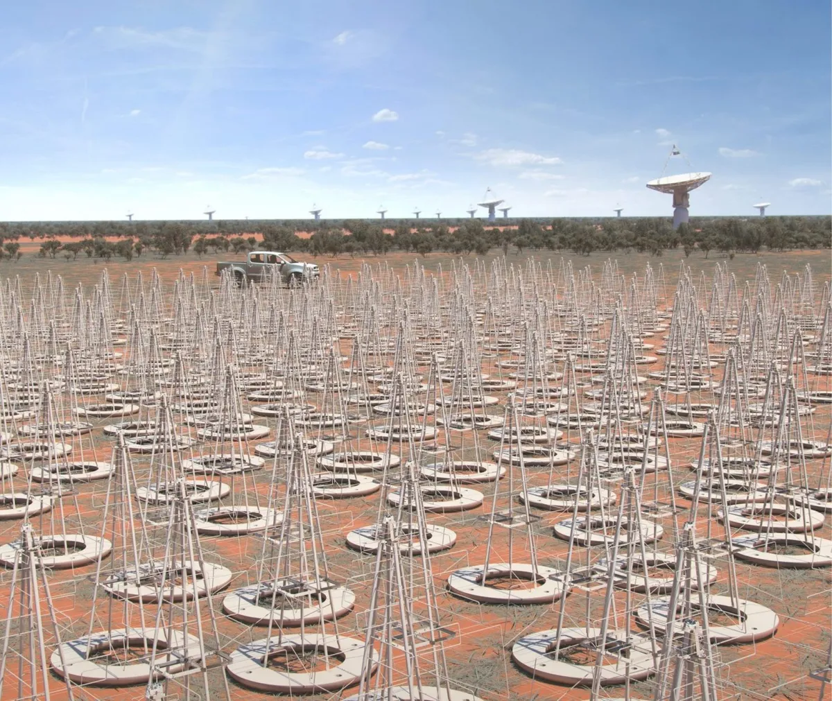 An artist's impression of the low frequency antennas that will form part of the Australian component of the Square Kilometre Array. Australia will initially host more than 130,000 SKA antennas, with the goal of expanding to a million. Credit: SKA Organisation