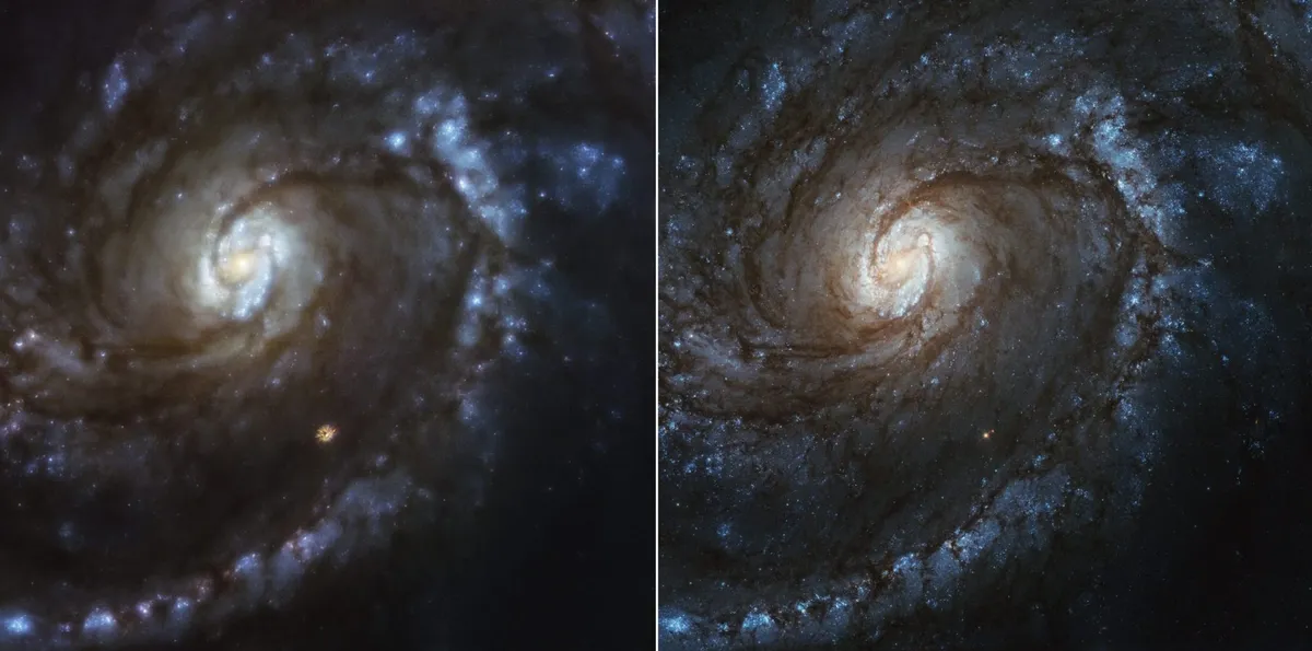 Spiral galaxy M100. Left: image taken in 1993 with Hubble's flawed primary mirror. Right: image taken by the Wide Field Camera-3 after it was installed in 2009. Credit: NASA