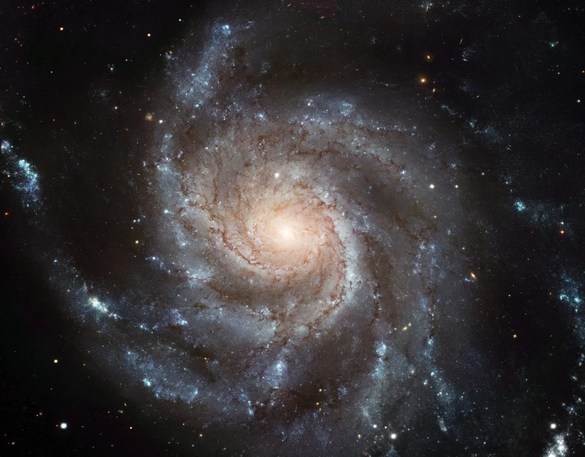 Hubble’s stunning image of the gigantic Pinwheel Galaxy, M101, was captured over 10 years. It shows the detail of the galaxy’s spiral arms, which are sprinkled with large regions of star-forming nebulae. Credits: Hubble Image: NASA, ESA, K. Kuntz (JHU), F. Bresolin (University of Hawaii), J. Trauger (Jet Propulsion Lab), J. Mould (NOAO), Y.-H. Chu (University of Illinois, Urbana) and STScI; CFHT Image: Canada-France-Hawaii Telescope/J.-C. Cuillandre/Coelum; NOAO Image: G. Jacoby, B. Bohannan, M. Hanna/NOAO/AURA/NSF