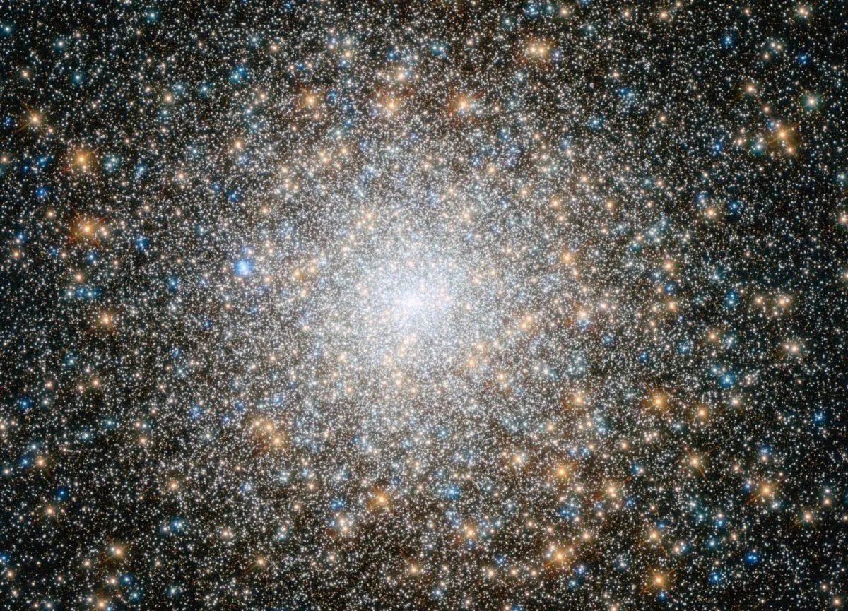 Globular cluster M15 is filled with stars of different colours. Blue stars are hot and golden stars are cooler. Credit: ESA, Hubble, NASA