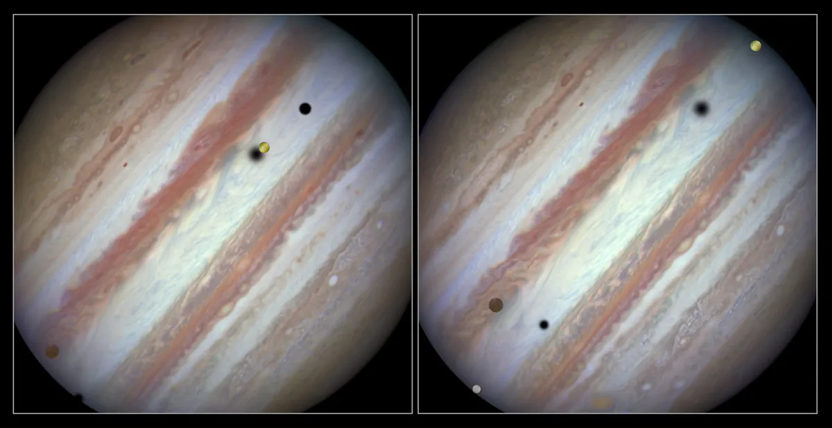 In 2015 Hubble captured three of Jupiter’s Galilean moons parading across the planet’s face. The start of the transit (above, left) shows Callisto on the left-hand side with Io on the right. In the next image (above, right) Europa enters on the lower left with slow-moving Callisto above and to its right. Credit: NASA, ESA, Hubble Heritage Team