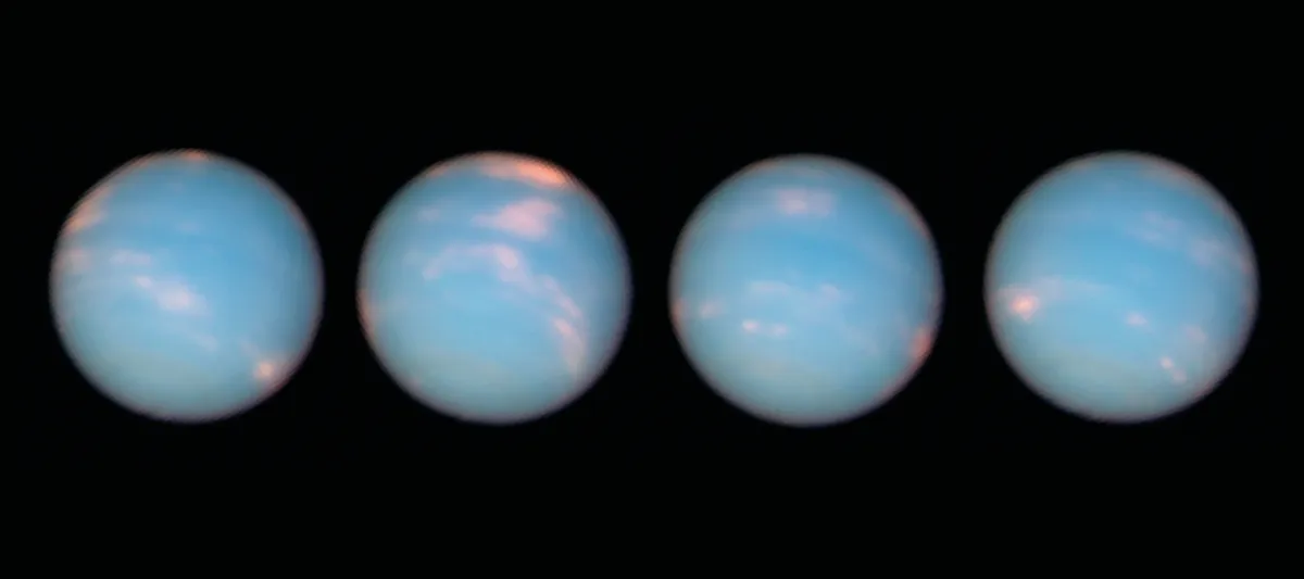 In these four images of Neptune, taken a few hours apart, Hubble reveals different faces of the eighth and outermost planet of our Solar System as it rotates on its axis. Gallery continues after The Sky Guide. Credit: NASA, ESA and the Hubble Heritage Team (STScI/AURA)