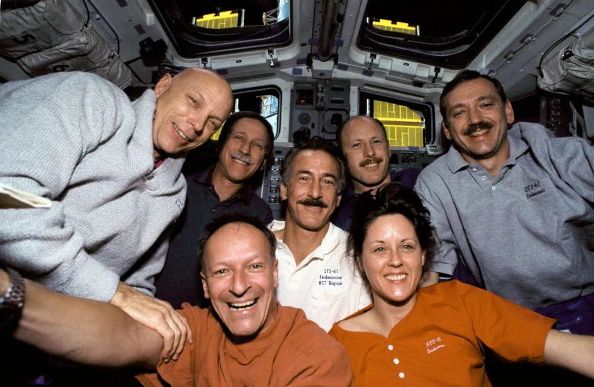 The crew of STS-61. Left to right: F. Story Musgrave, Richard O. Covey, Claude Nicollier, Jeffrey A. Hoffman, Kenneth D. Bowersox, Kathryn C. Thornton, and Thomas D. Akers. Credit: NASA