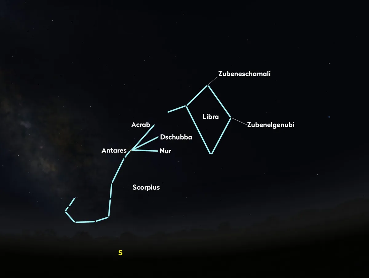 Use Scorpius and Libra to help you find stars Zubenelgenubi a and Zubeneschamali. Credit: Stellarium
