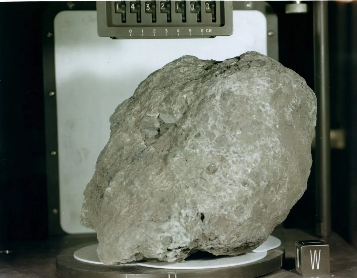 A Moon rock known as Big Bertha was collected by the Apollo 14 crew. Weighing around 9kg, it is one of the largest collected during the Apollo missions. Credit: NASA.