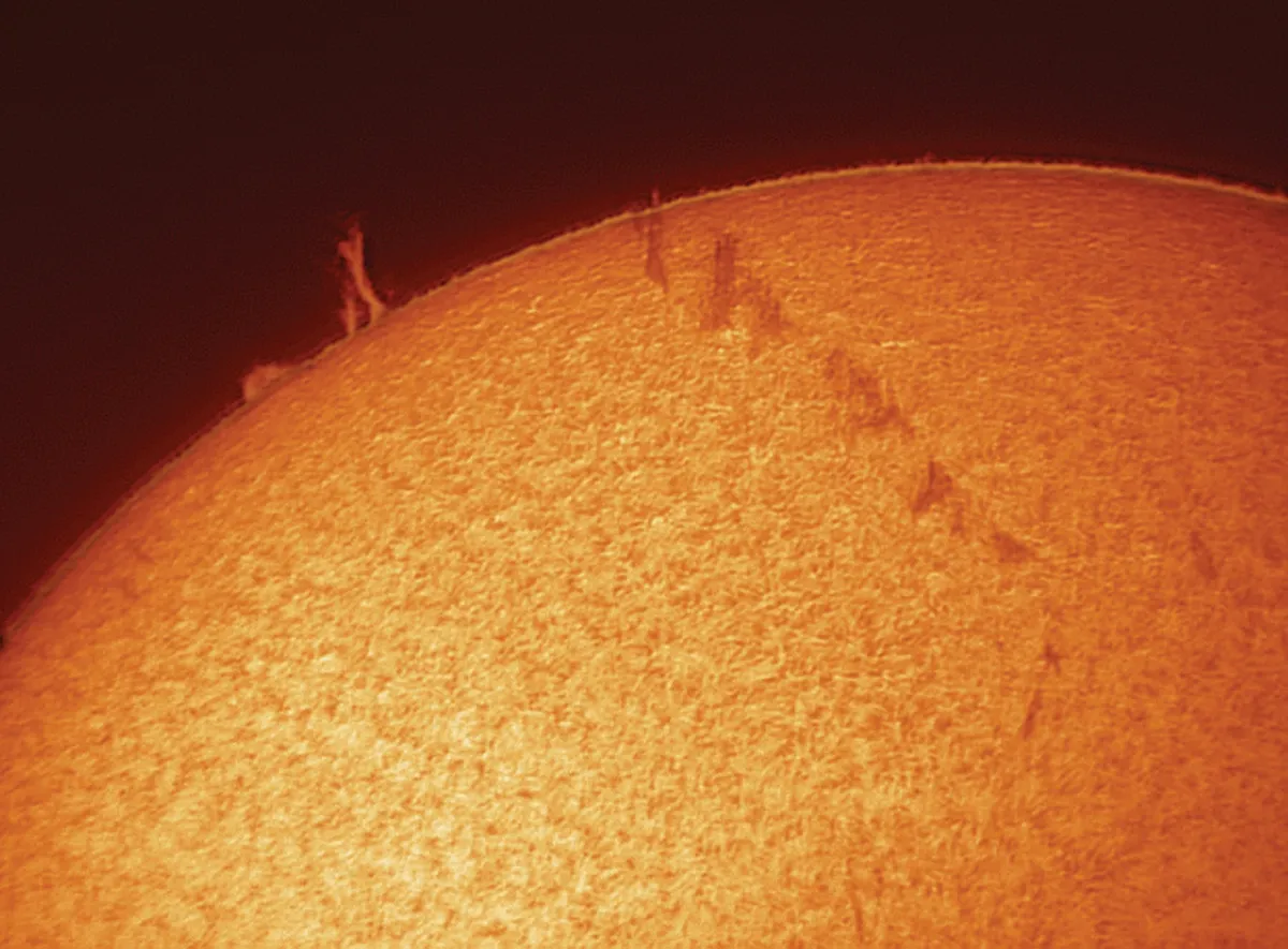 A Coronado PST can deliver stunning shots with prominences leaping off the Sun’s limb. Credit: Pete Lawrence