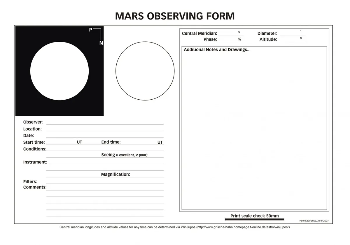 Forms like this Mars report form can be useful for making records at your telescope. Download our report forms at the links below. Credit: BBC Sky at Night Magazine.