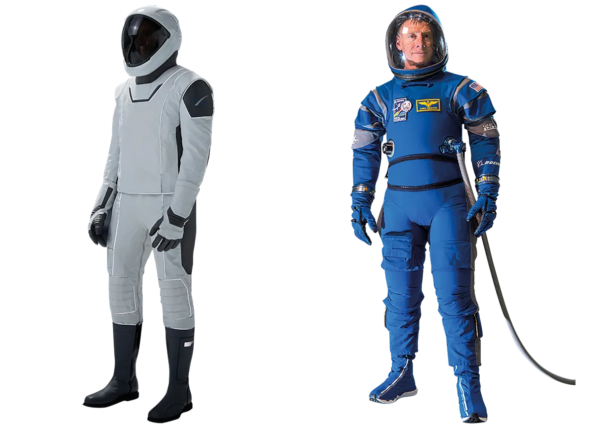 SpaceX (left) and Boeing (right) space suits. Credit: SpaceX, Boeing