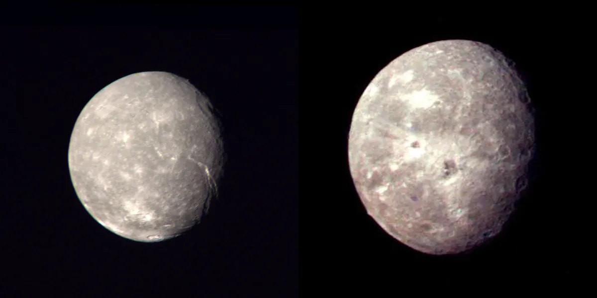 Uranus's moons Titania (left) and Oberon (right) in two images captured by Voyager 2. Moons are not to scale. Credit: NASA/JPL