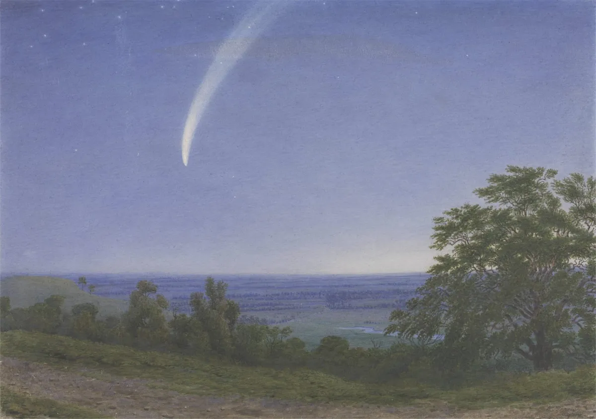 Comet Donati, as depicted in a painting of 1859 by William Turner of Oxford. It holds the distinction of being the first comet to be photographed, but the picture does not survive. Credit: William Turner / US Public Domain