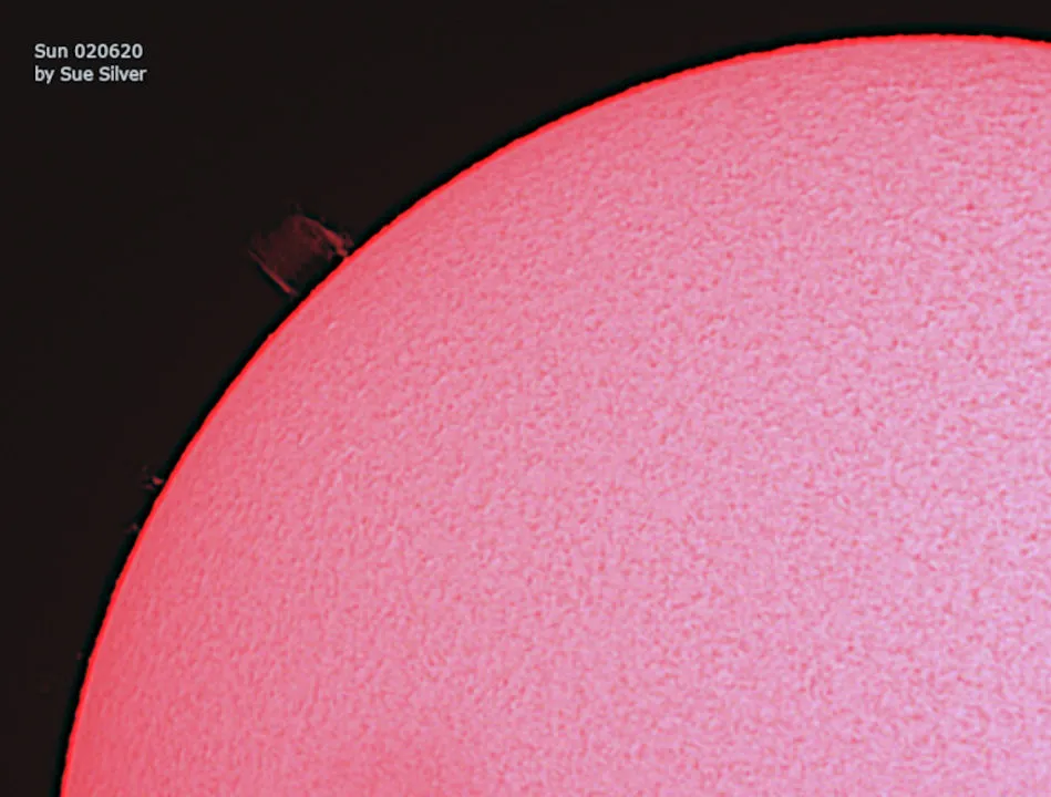 The Sun Sue Silver, Sheffield, South Yorkshire, 2 June 2020. Equipment: ZWO ASI 120MC-S colour camera, Lunt LS60T H-alpha B600 telescope, Sky-Watcher EQ5 Pro mount