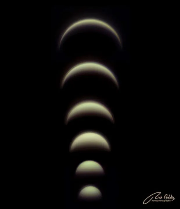 Phases of Venus Rich Addis, Wallasey, Merseyside, February–May 2020. Equipment: ZWO ASI 120MC colour camera, Celestron NexStar 6SE Schmidt-Cassegrain