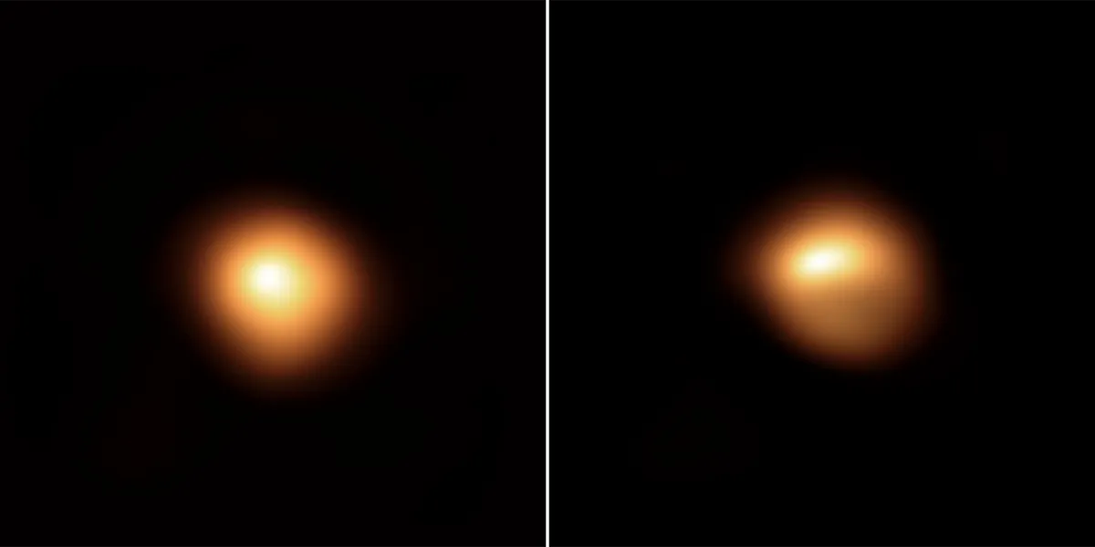 Two images of Betelgeuse captured by Emily’s team using the Very Large Telescope. Left shows the view in January 2019 and right shows the view in December 2019, revealing the star’s change in brightness over time. Credit: Credit: ESO/M. Montargès et al.