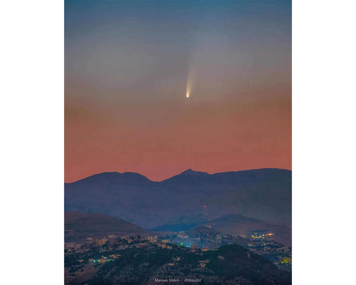 Comet C/2020 F3 (NEOWISE) captured from Deir el Qamar Lebanon, overseeing Majdel El Meouch top, during nautical twilight, 5 July 2020. Taken by Maroun Habib. Equipment: Canon EOS 6D DSLR camera, TMB92SS telescope. Credit: Maroun Habib.