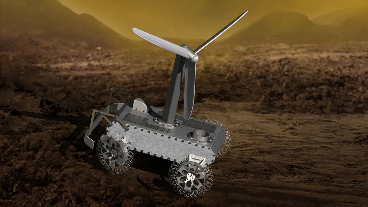 The current Venus rover design with wheels and an exterior turbine. Credit: NASA/JPL-Caltech