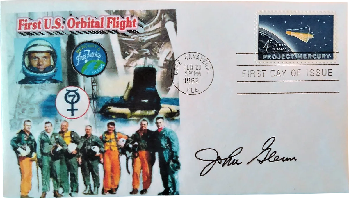 A US first day cover stamp from 1962 features astronaut John Glenn’s signature. Credit: Katrin Raynor-Evans