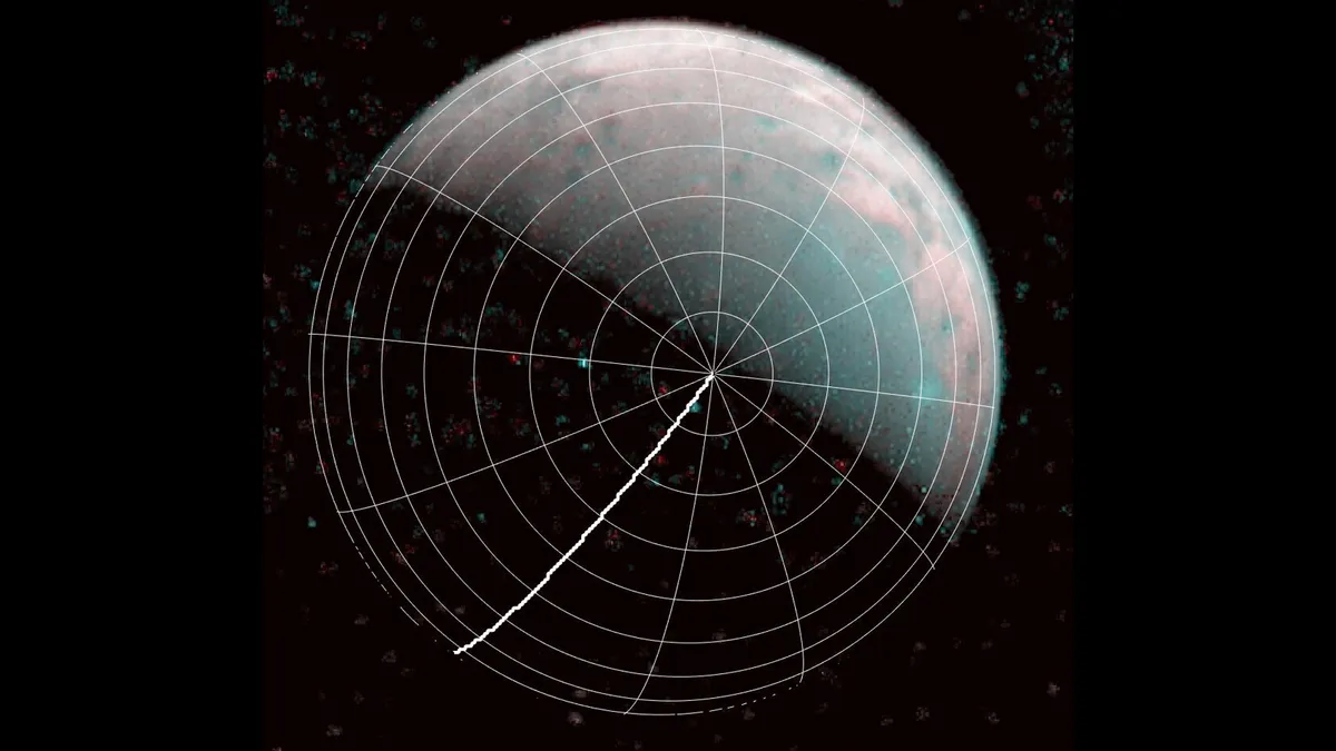 Ganymede's North Pole seen in the centre of this image, with an annotated overlay. The thickest line is 0 degrees longitude. Credit: NASA/JPL-Caltech/SwRI/ASI/INAF/JIRAM