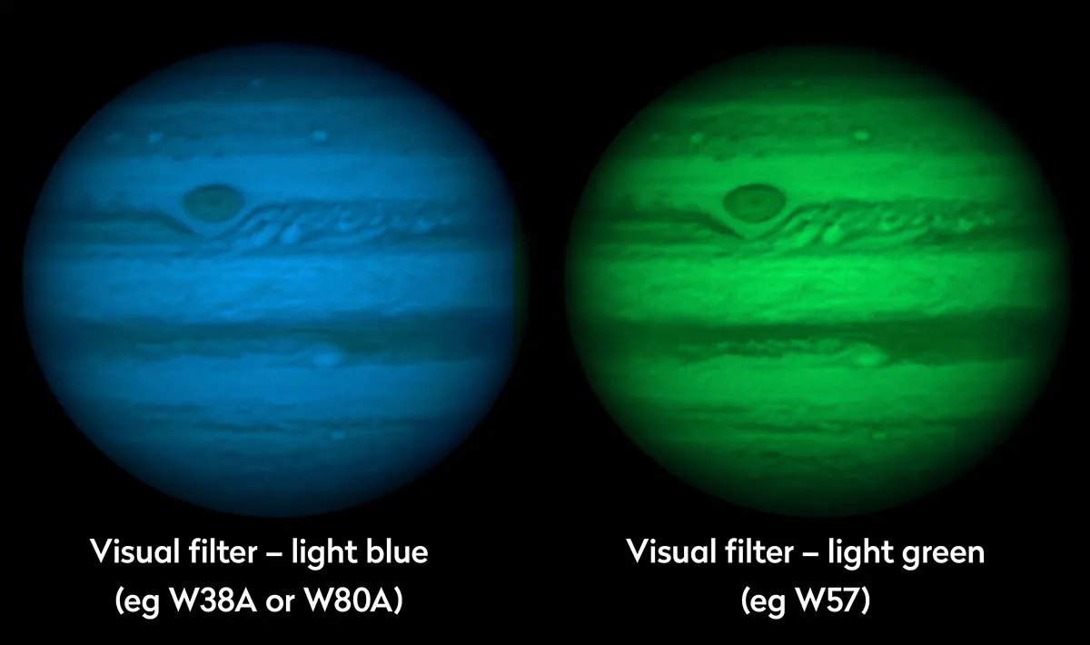 Filters can be used to enhance features on Jupiter and Saturn for both visual and imaging setups. Here, Jupiter is seen in light blue and light green. Credit: Pete Lawrence