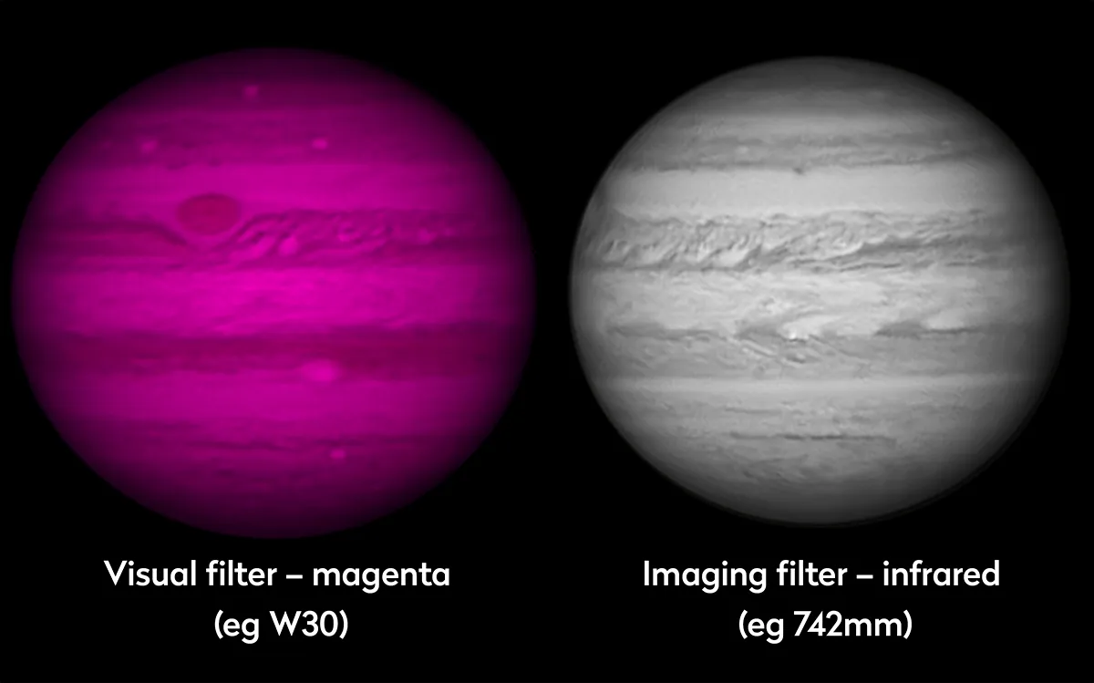 Jupiter is seen in magenta and infrared. Credit: Pete Lawrence