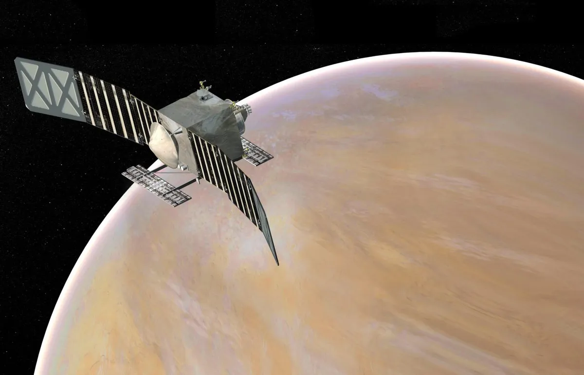 Artist's concept of the Venus Emissivity, Radio Science, InSAR, Topography, and Spectroscopy (Veritas) spacecraft, Credit: NASA/JPL-Caltech